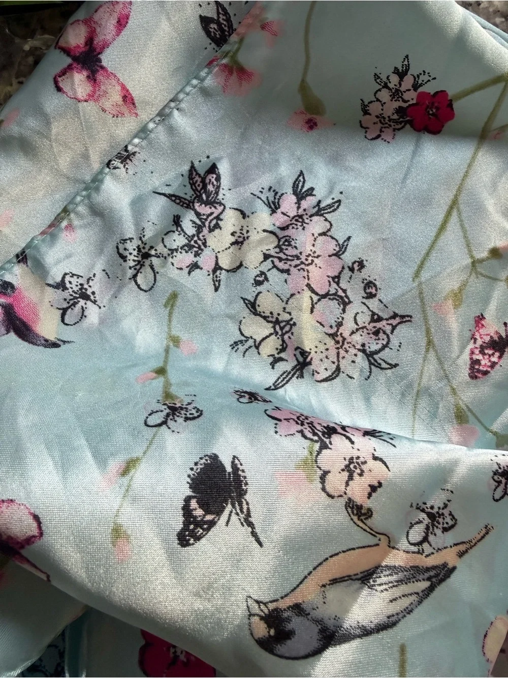 Forever 21 Light Blue Floral & Bird Satin Scarf